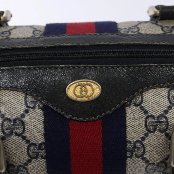 GUCCI GG Supreme Sherry Line Hand Bag PVC Navy Gold Red Auth 135604 - Picture 13 of 16